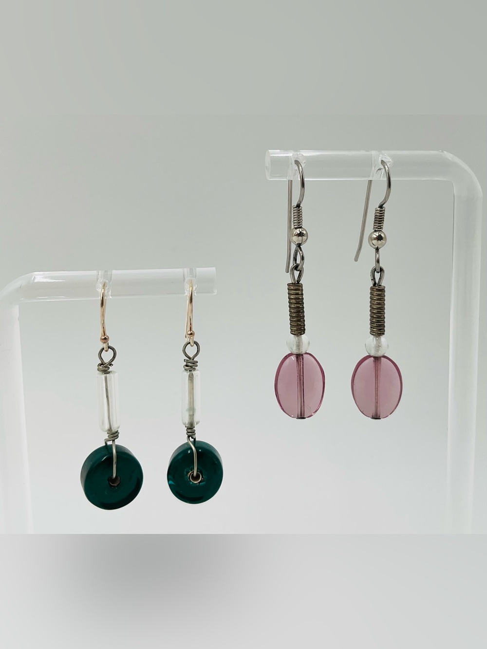Set of Two Handmade Dangle Earrings with Teal and Plum Glass Beads